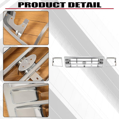 Front Grille & Headlight Bezel Compatible with 1992-1997 Ford Bronco F-150 F-250 HD F-350 Replacement for F4TZ8200A FO1200173 F2TZ13064D FO2512130 F2TZ13064C FO2513131 FO1200442 Chrome Silvery
