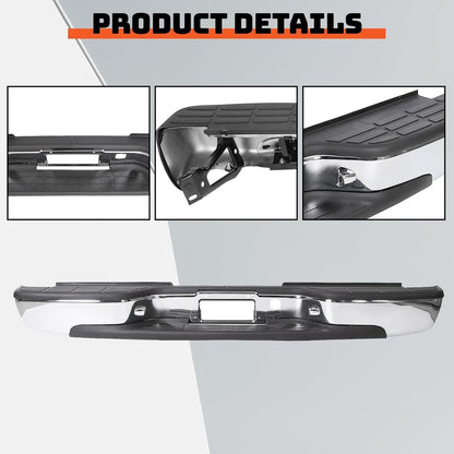 ECOTRIC Rear Step Bumper Bar Chrome Compatible with 1999-2006 Chevy Chevrolet Silverado GMC Sierra 1500 2500 W/Pad & License Plate Lights Replacement for GM1103122 12496085 FLEET SIDE BED ONLY