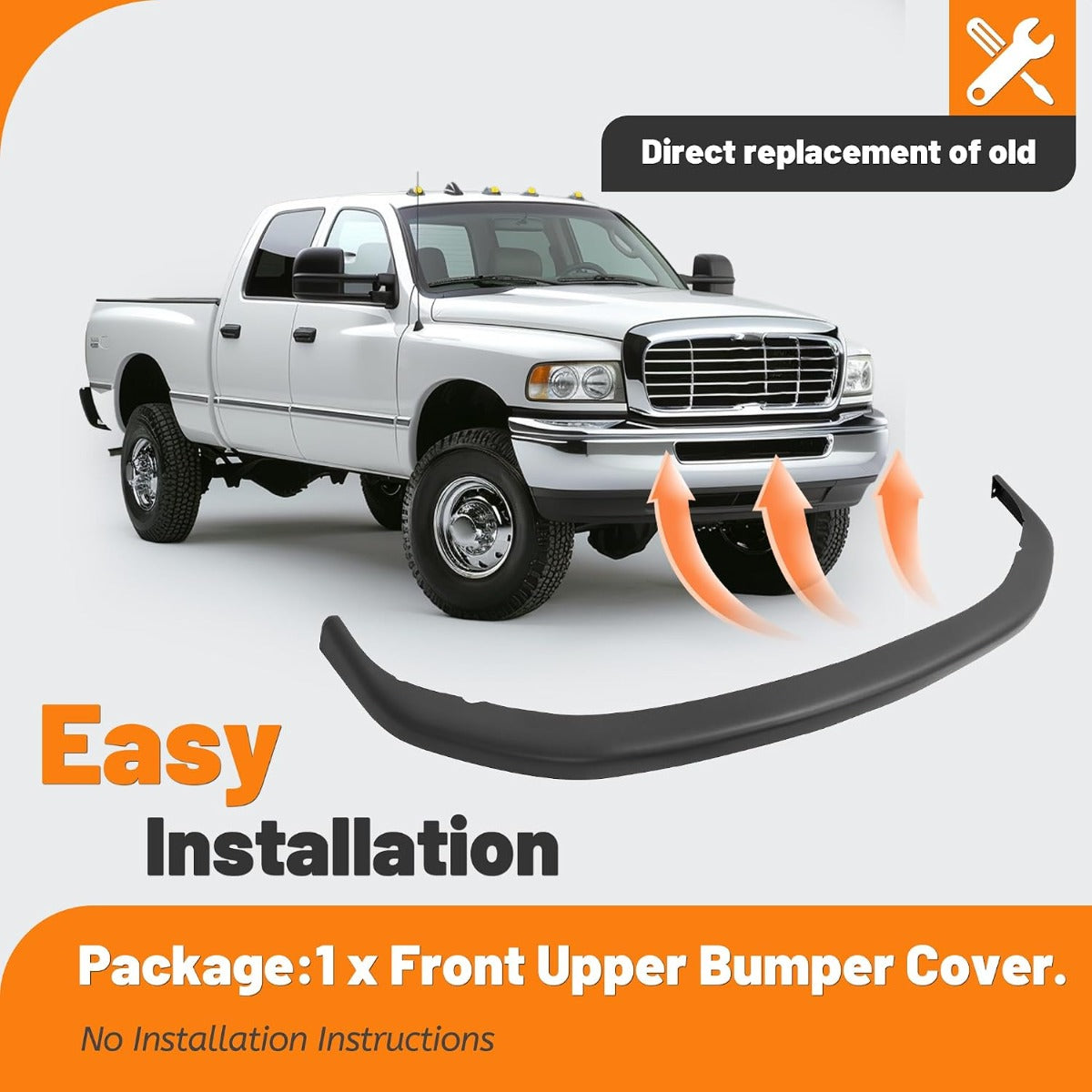 KUAFU Front Upper Bumper Cover Compatible with 1994-2002 Dodge Ram 2500/3500 Base/1994-2001 Dodge Ram 1500 Pad Replacement for CH1000160 55076610AB Black Textured