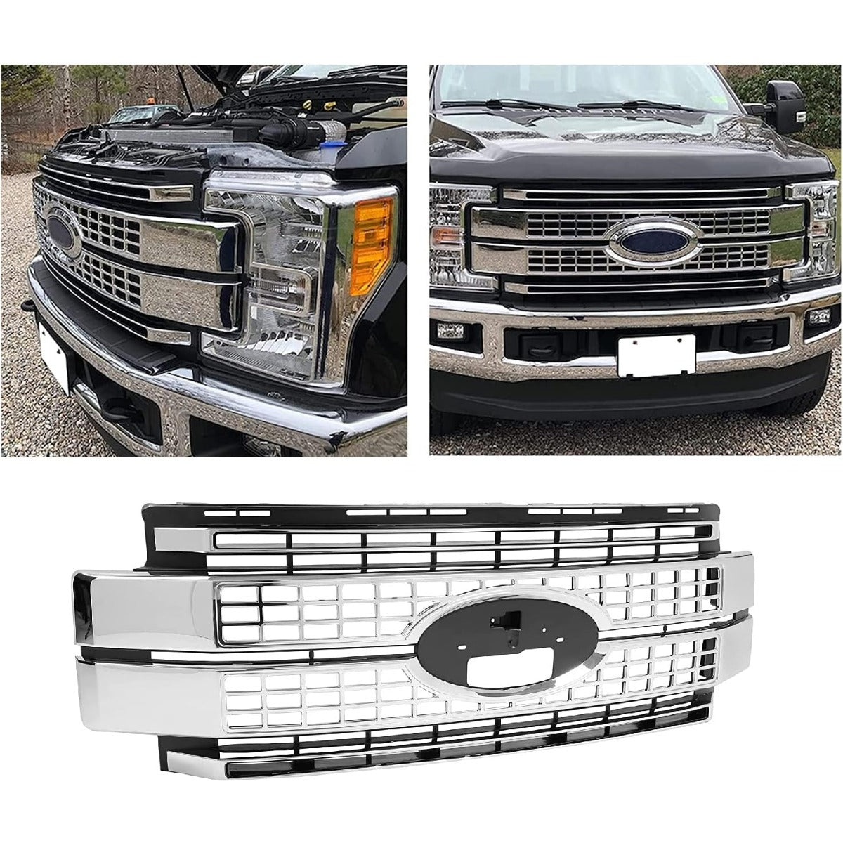 Front Bumper Hood Grille Grill Compatible with 2017 2018 2019 Ford F250 F350 F450 Super Duty Chrome (NOT ONLY OVERLAY) LYAP-293-1T