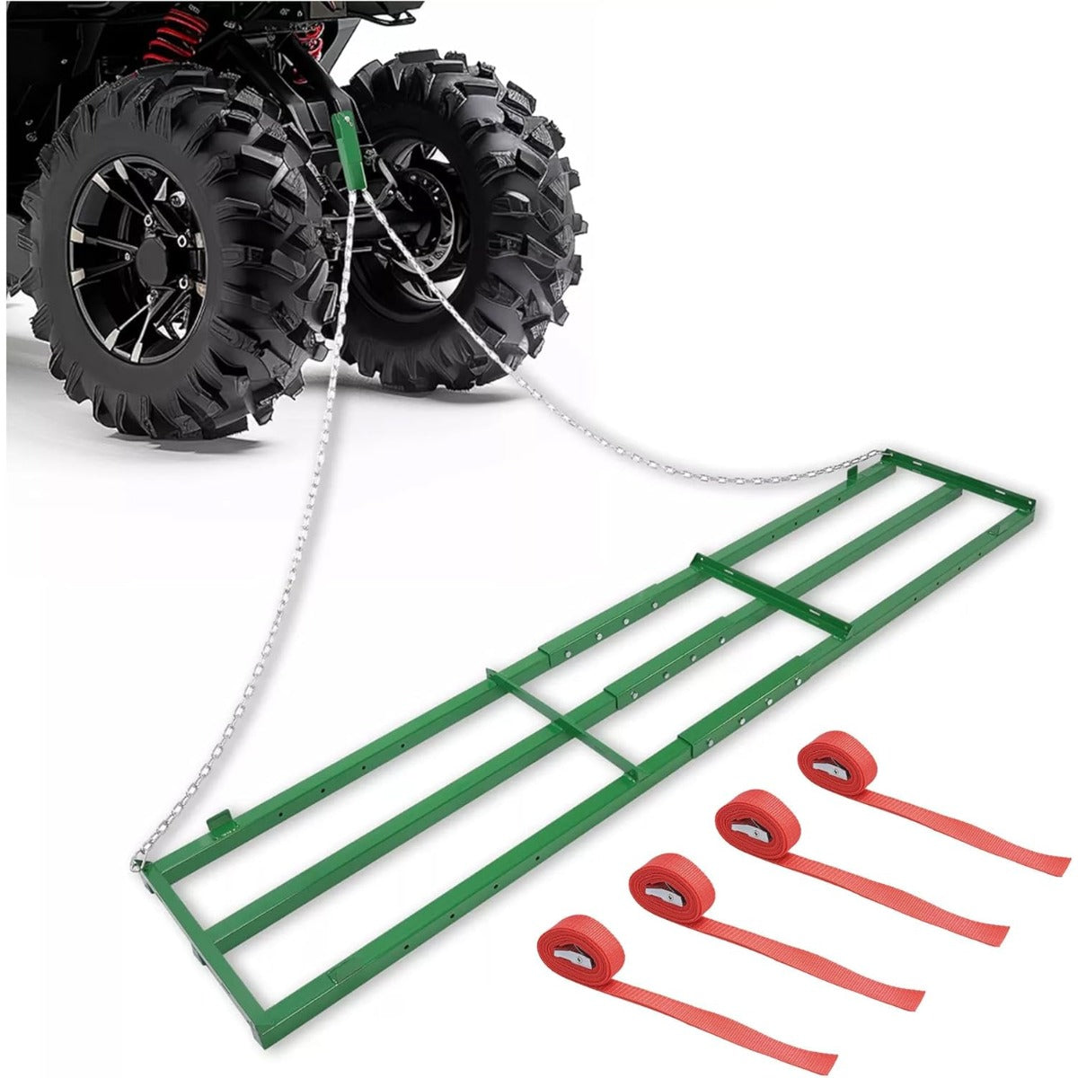 8FT Drag Harrow Driveway Grader Heavy Duty Tow Behind Drag Lawn Leveling Rake for UTV ATV Tractor Mower Land Leveler Lawn Leveling Rake W/ 6FT Chain (Green)