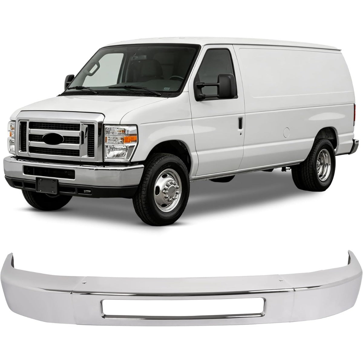 ALMULOO Steel Front Bumper Face Bar Compatible with 2008-2014 Ford E-150/E-250 and 2008-2019 Ford E-350 Super Duty/E-450 Super Duty Replace 8C2Z17757B FO1002410 Chrome Silvery split design in 3pcs