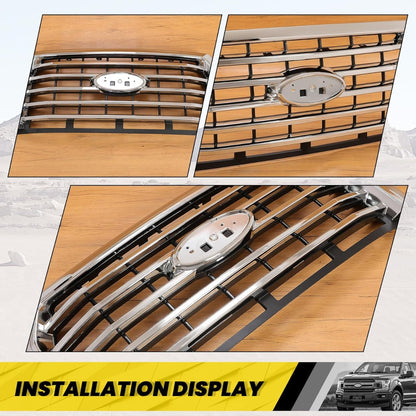 Front Bumper Grille Compatible with 2015-2017 Ford F-150 Replacement for FO1200582 FL3Z8200EA Grill Chrome Silvery