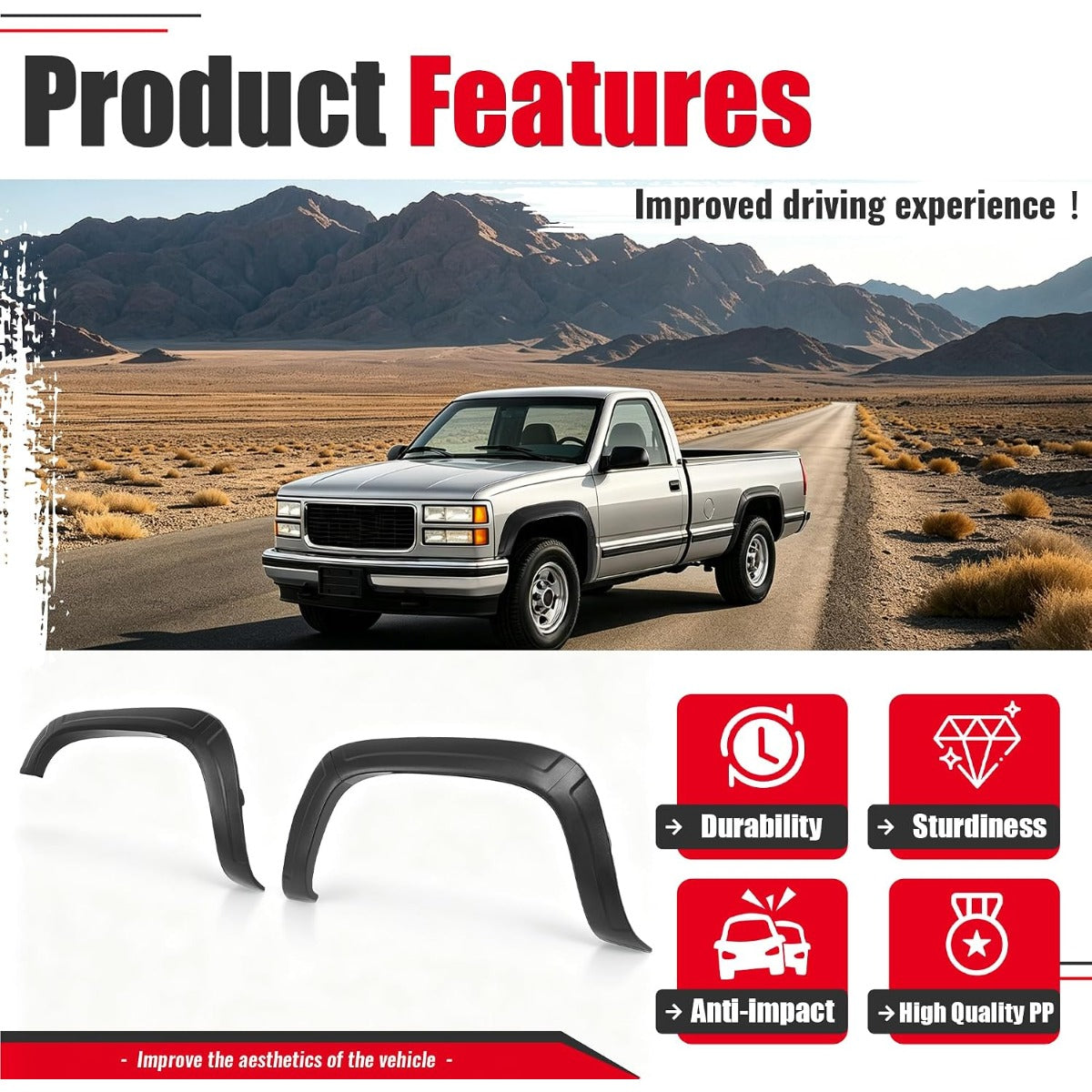 Fender Flare Compatible with 1988-2000 Chevy&GMC C/K 1500 2500 3500 | Front & Rear 4Pcs Wheel Arch Cover Protector Set Plastic(PP) Textured Black