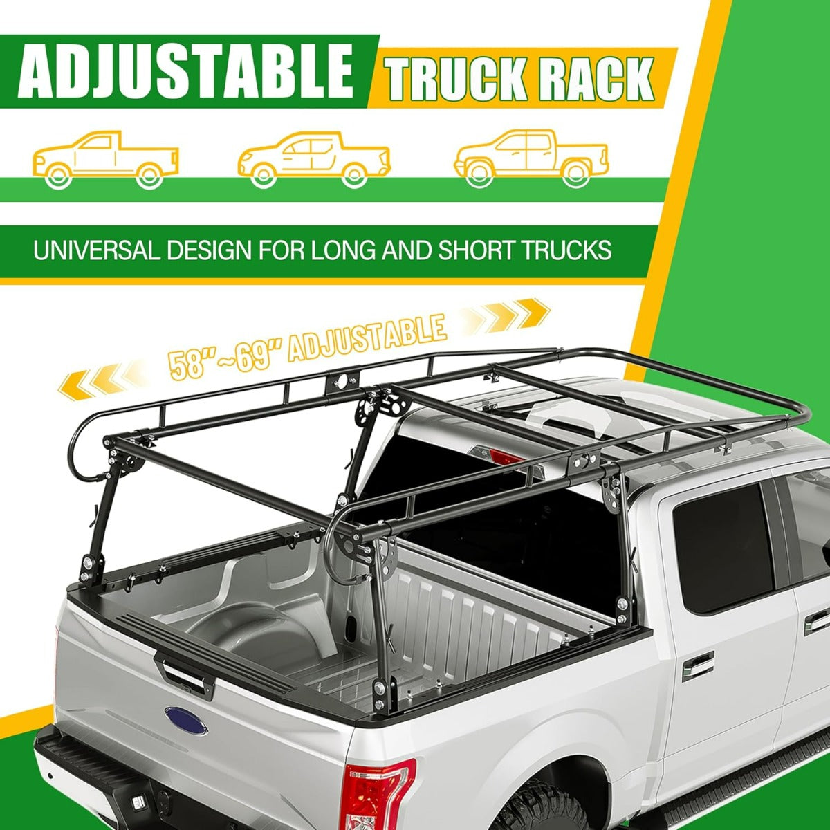 2-Piece Adjustable Truck Bed Ladder Rack – 250 LBS Capacity – Fits Most Pickups – Black Steel