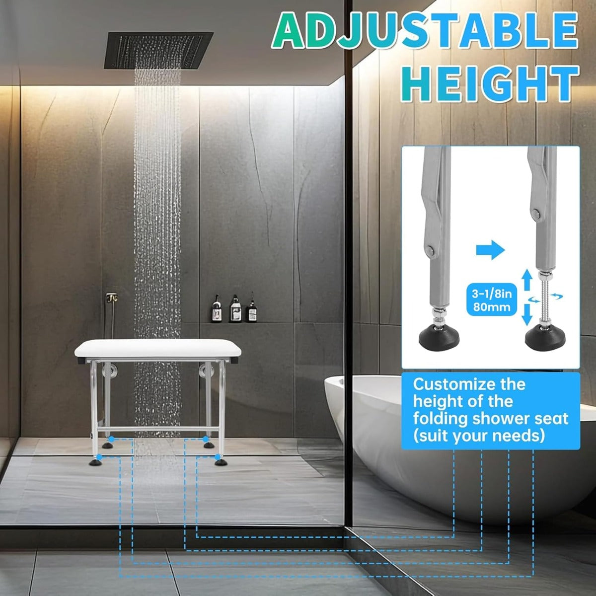 26 Inches x14.5 Inches Folding Shower Seat Wall Mount W/304 Stainless Legs, Adjustable Height Fold Down Bench for Bathroom, Wall Mounted Shower Stool Chair for Elderly Seniors Pregnant Disabled 600LBS LYOM-289