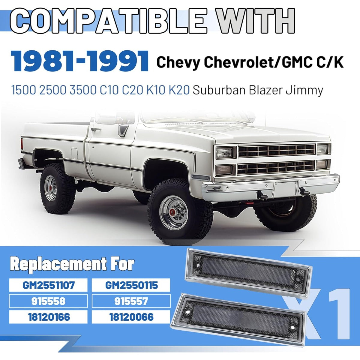 KUAFU Smoked Front Fender Side Marker Light Compatible with 1981-1991 Chevy/GMC C/K Series/Suburban/Blazer/Jimmy Replace for GM2551107 GM2550115 915558 915557 18120166 18120066 Bumper Side Lamp
