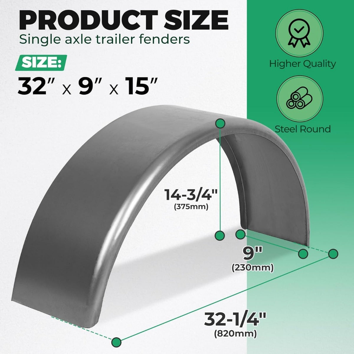 Steel Round Single Axle Trailer Fender and Fender Back Fits 14¡± to 16¡± Diameter Wheels - 32¡± x 9¡± x 15¡± LYOM-002X1