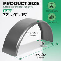 Load image into Gallery viewer, HECASA Steel Round Single Axle Trailer Fender and Fender Back Fits 14” to 16” Diameter Wheels - 32” x 9” x 15” LYOM-002X1
