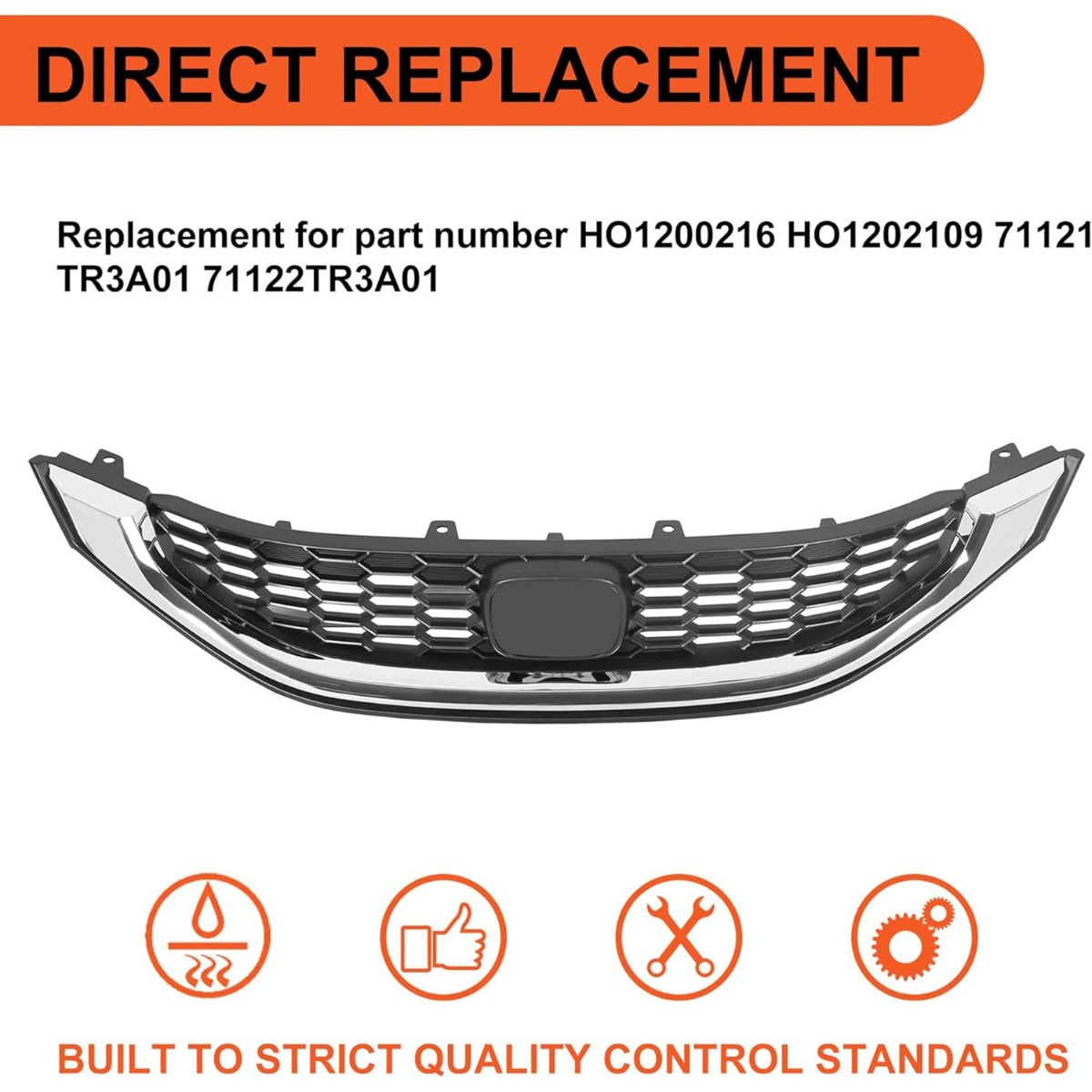 Front Grill Compatible with 2013 2014 2015 Honda Civic Sedan HO1200216 HO1202109 71121TR3A01 71122TR3A01 Front Bumper Hood Grille W/Chrome Molding