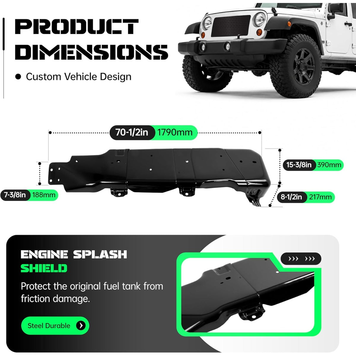 Fuel Tank Skid Plate Guard Compatible with 2007-2018 Jeep Wrangler 4 Door Replacement for 52059747AD 52059747AE 52059747AF 52059747AG Steel Powder Coated