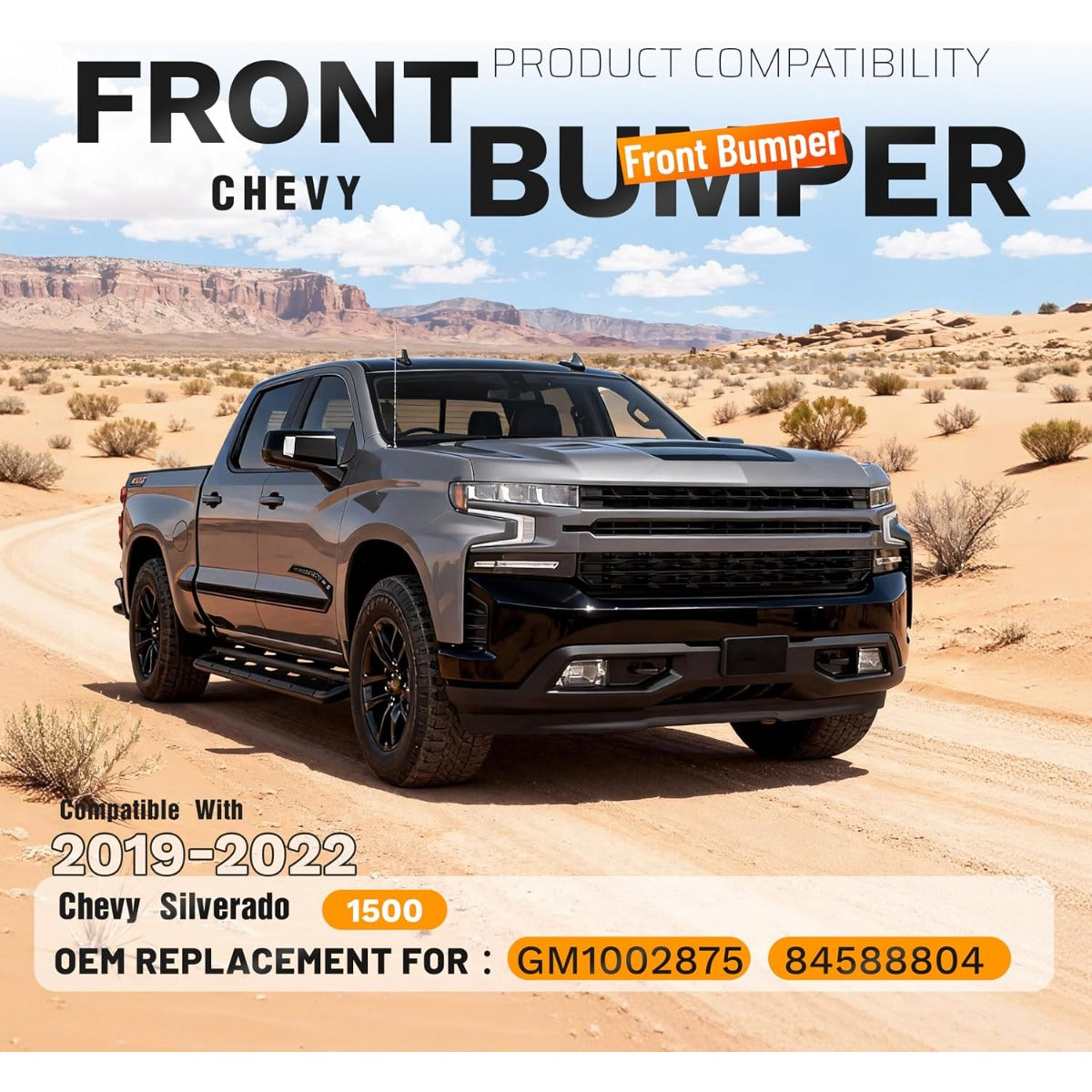 ALMULOO Front Bumper Face Bar 3Pcs Compatible with 2019-2022 Chevy Silverado 1500 W/O Park Assist Sensor Holes Replacement for GM1002875 84588804 Front Bumper Cover Steel Powder Coated Black