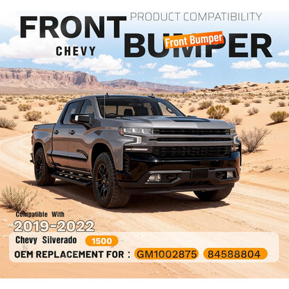 ALMULOO Front Bumper Face Bar 3Pcs Compatible with 2019-2022 Chevy Silverado 1500 W/O Park Assist Sensor Holes Replacement for GM1002875 84588804 Front Bumper Cover Steel Powder Coated Black