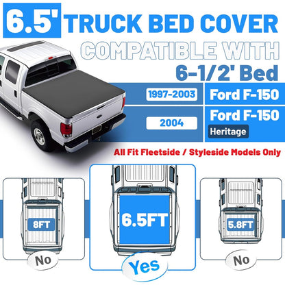 6.5 FT Truck Bed Tonneau Cover Compatible with 1997-2003 Ford F-150 F150 2004 Heritage Soft Roll-Up 79" Aluminum Powder Coated Black Fits Fleetside/Styleside Models Only