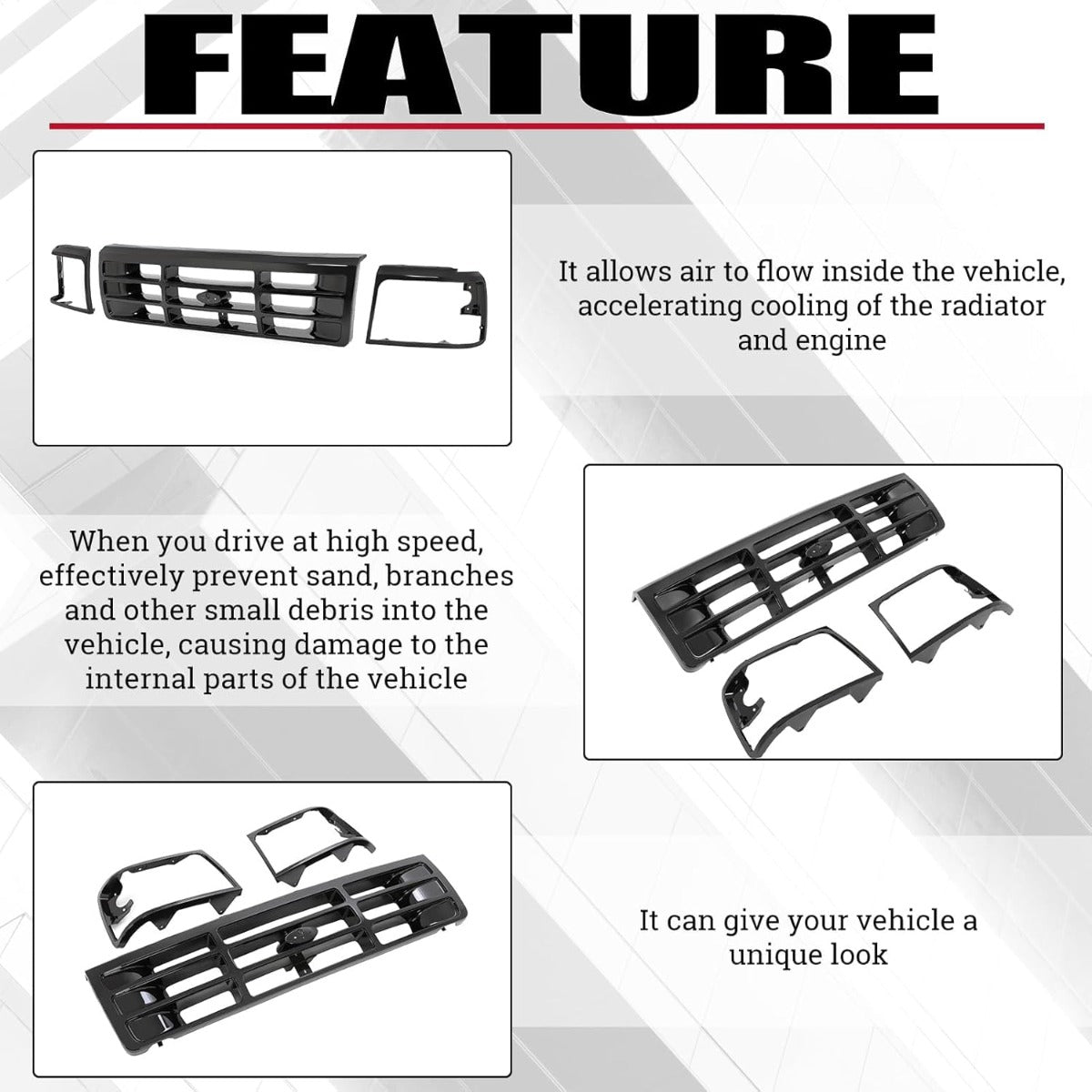Front Grille & Headlight Bezel Compatible with 1992-1997 Ford Bronco F-150 F-250 HD F-350 Replacement for FO1200172 FO2512131 FO2513135 Painted Black