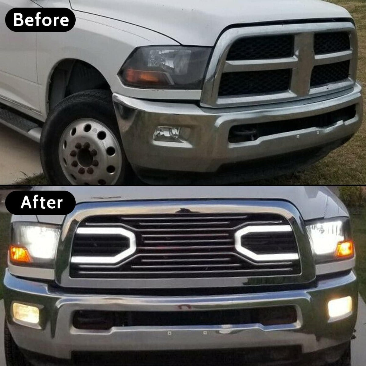 Front Bumper Grill w/LED Tube Compatible with 2010-2018 Ram 2500/3500/4500 Big Horn Hood Grille Replacement Shell Horizontal Style - Chrome