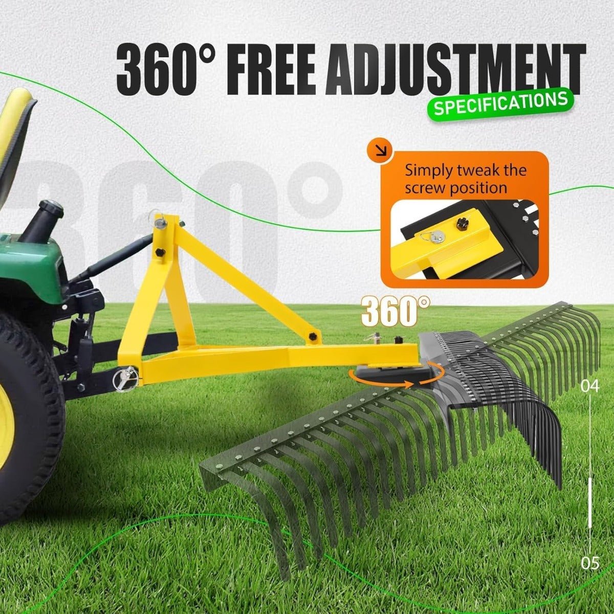 60In Landscape Rake, 3 Point Rake, 360 Rotation Compatible with Category 1, Cat1 Tractors Tow-Behind Garden Tool for Garden, Farm, Clearing Brush, Raking Arenas 2 Package Yellow