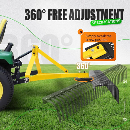 60In Landscape Rake, 3 Point Rake, 360 Rotation Compatible with Category 1, Cat1 Tractors Tow-Behind Garden Tool for Garden, Farm, Clearing Brush, Raking Arenas 2 Package Yellow