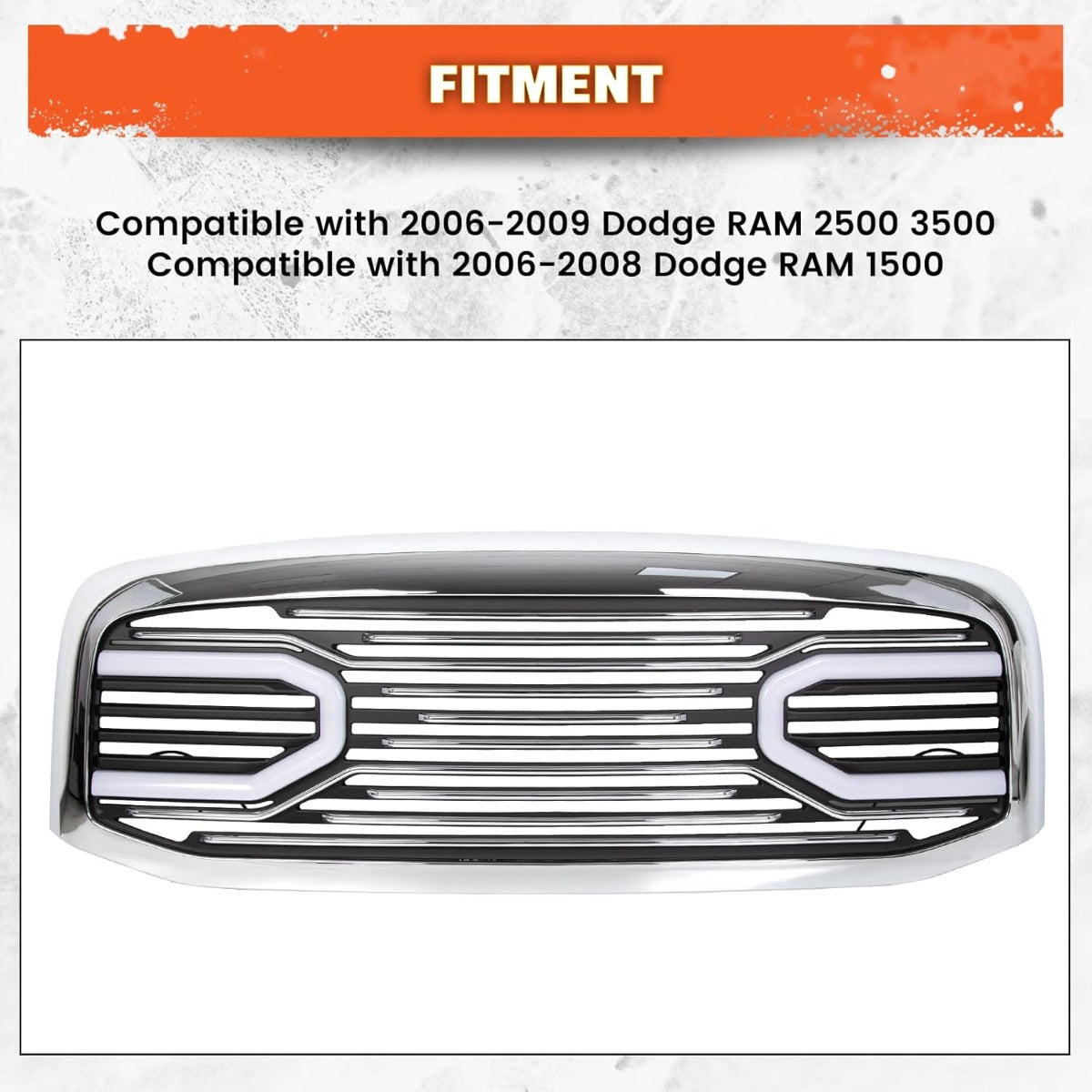 Front Horn Grille Grill W/Light Compatible with 2006-2009 Dodge RAM 2500 3500 2006-2008 Dodge RAM 1500 Chrome Replacement Shell