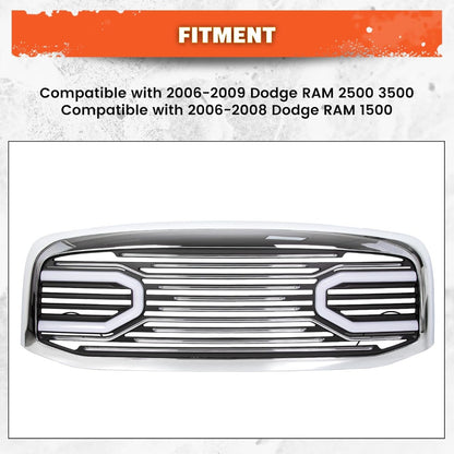 Front Horn Grille Grill W/Light Compatible with 2006-2009 Dodge RAM 2500 3500 2006-2008 Dodge RAM 1500 Chrome Replacement Shell