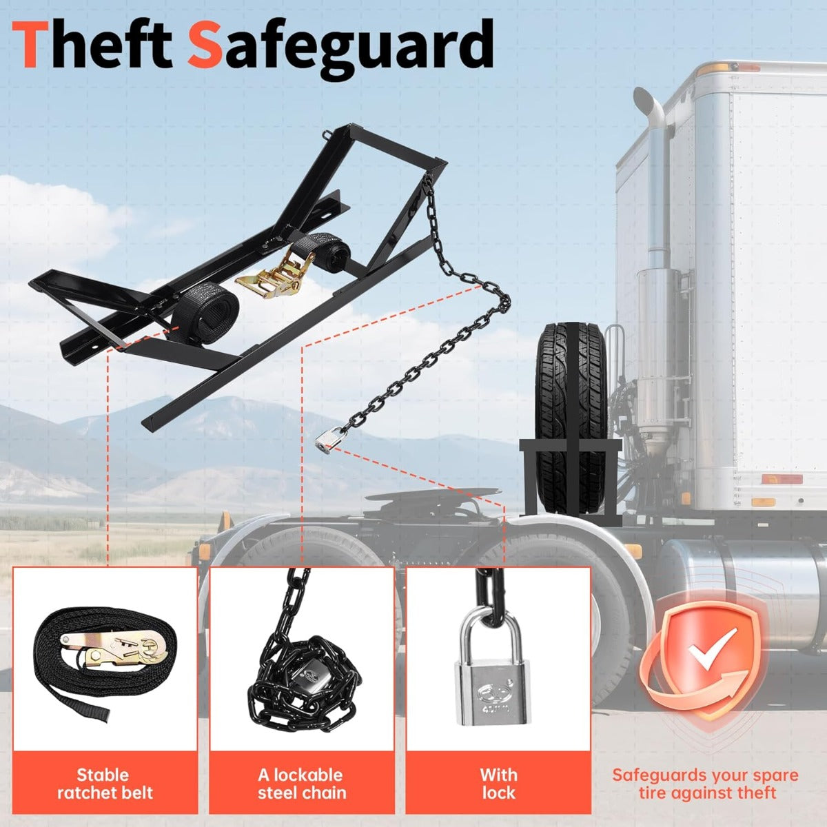 Semi Truck Spare Tire Rack Commercial Truck Tire Storage Rack Tractor Trailer with Ratchet Strap Chain and Lock