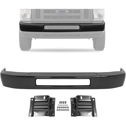 ALMULOO Front Bumper Face Bar+Bracket Compatible with 2008-2014 Ford E-150/E-250 and 2008-2019 Ford E-350 E-450 Super Duty Replace 8C2Z17757APTM 8C2Z17B884A 8C2Z17B883A FO1002409 FO1066176 FO1067176
