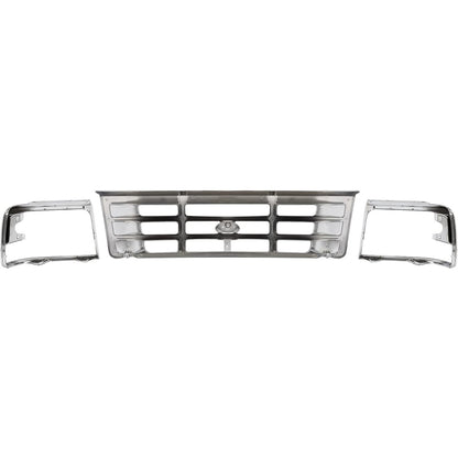 Front Grille & Headlight Bezel Compatible with 1992-1997 Ford Bronco F-150 F-250 HD F-350 Replacement for F4TZ8200A FO1200173 F2TZ13064D FO2512130 F2TZ13064C FO2513131 FO1200442 Chrome Silvery
