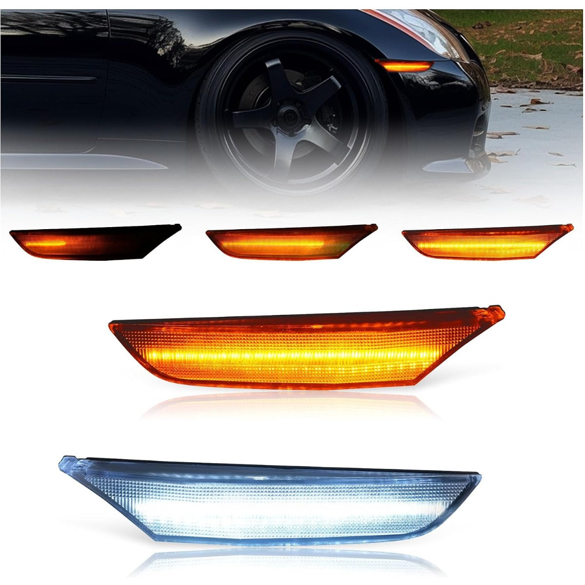 HECASA Front Side Marker Light Compatible with 2001-2006 Infiniti G35 Sedan Base & Nissan Skyline V35 Sedan LED Sequential Dynamic Turn Signal Parking Lamp Clear Lens