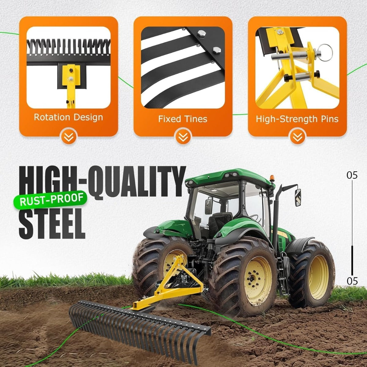 Rake Rotation KUAFU 60In Landscape Rake, 3 Point Rake, 360 Rotation Compatible with ...