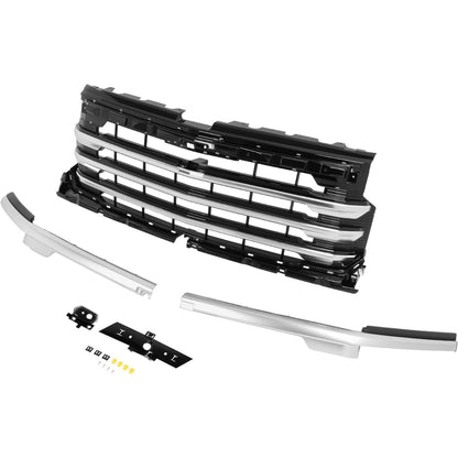 Front Grill Compatible with 2022-2024 Chevrolet Silverado 1500 High Country Front Bumper Grille Plastic(ABS) Painted+Chrome Black+Silvery Replacement for 84884906 85516948