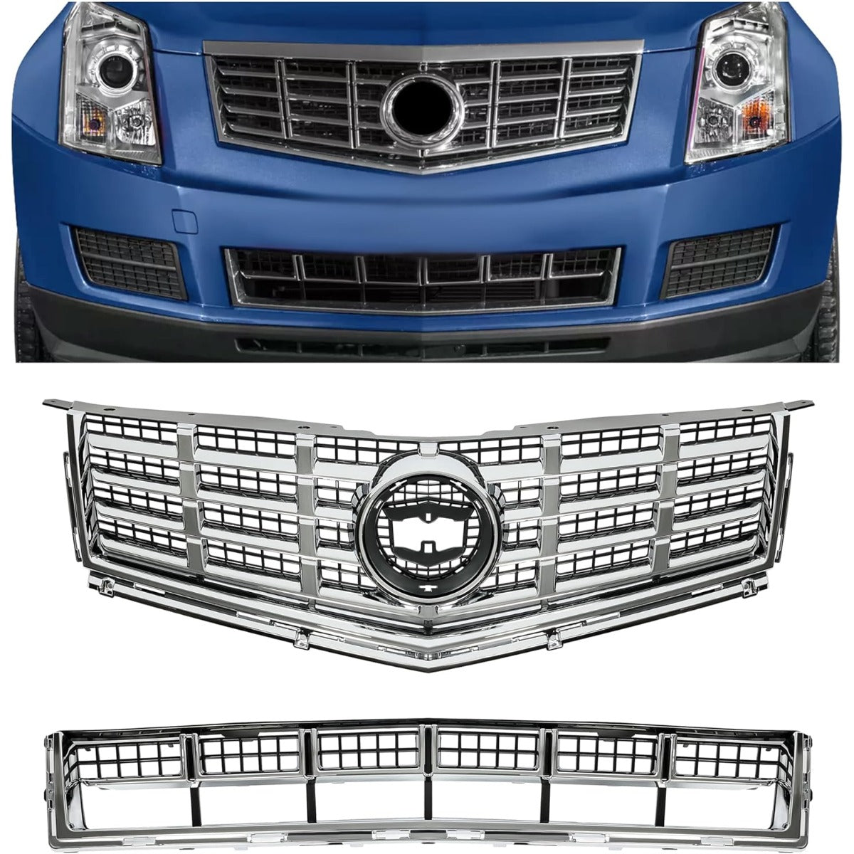 Front Bumper Upper & Lower Grille Kit Compatible with 2013-2016 Cadillac SRX Plastic Chrome Silvery Black Replacement for 22738992+22739004