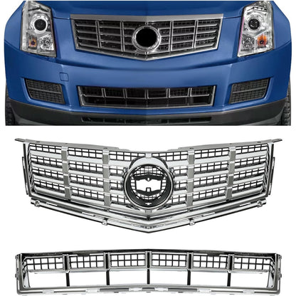 Front Bumper Upper & Lower Grille Kit Compatible with 2013-2016 Cadillac SRX Plastic Chrome Silvery Black Replacement for 22738992+22739004