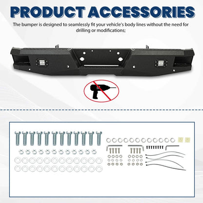 ECOTRIC Offroad Rear Bumper Compatible with 1999-2016 Ford F250 F350 Super Duty, W/2 18W LED Lights Powder Coated Heavy Duty Steel Black