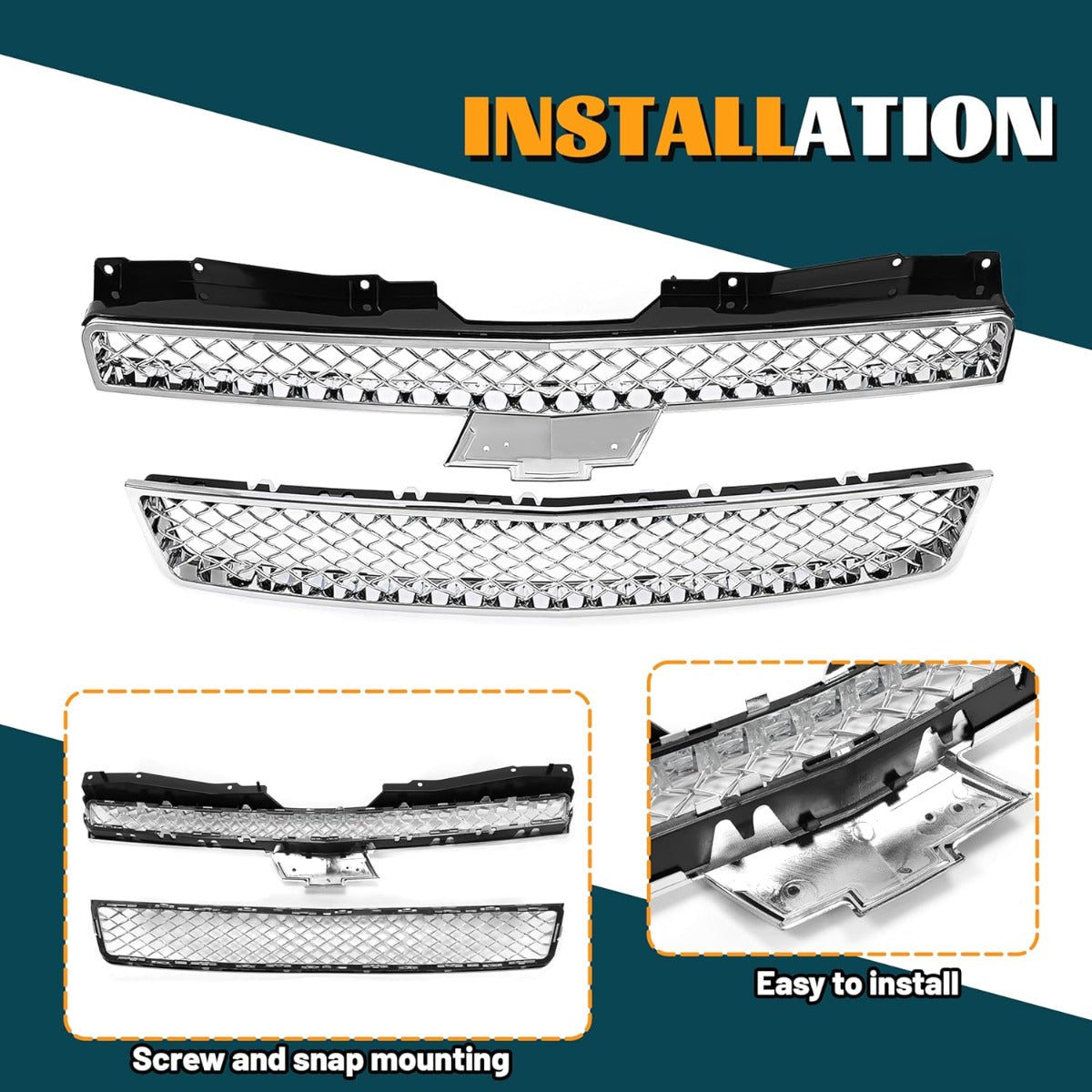 Upper & Lower Mesh Grille Compatible with 2007-2014 Chevy Chevrolet Avalanche Tahoe Suburban 1500 2500 Replacement for GM1200596 GM1200563 GM1200590 GM1200609 - Chrome Silvery