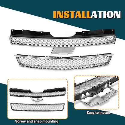 Upper & Lower Mesh Grille Compatible with 2007-2014 Chevy Chevrolet Avalanche Tahoe Suburban 1500 2500 Replacement for GM1200596 GM1200563 GM1200590 GM1200609 - Chrome Silvery