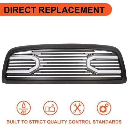 Front Bumper Grill Compatible with 2009-2012 Dodge Ram 1500 Hood Grille Replacement Shell (Black, W/Light)