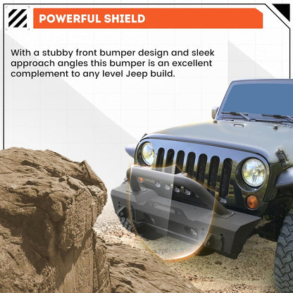 Stubby Front Bumper Compatible With 2007-2024 Jeep Wrangler JK JL Gladiator JT W/Fog Light Housing & D-rings Steel Powder Coated Black LYAM-295V