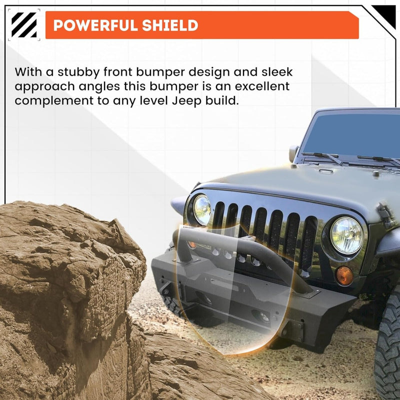 Stubby Front Bumper Compatible With 2007-2024 Jeep Wrangler JK JL Gladiator JT W/Fog Light Housing & D-rings Steel Powder Coated Black LYAM-295V