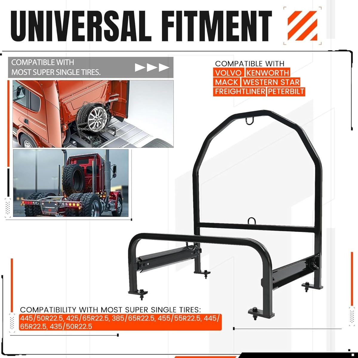 Semi Truck Spare Tire Carrier Compatible with Volvo, Kenworth, Mack, Western Star, Freightliner, Peterbilt Universal Adjustable Spare Tire Rack Holder Width Max Up to 19"