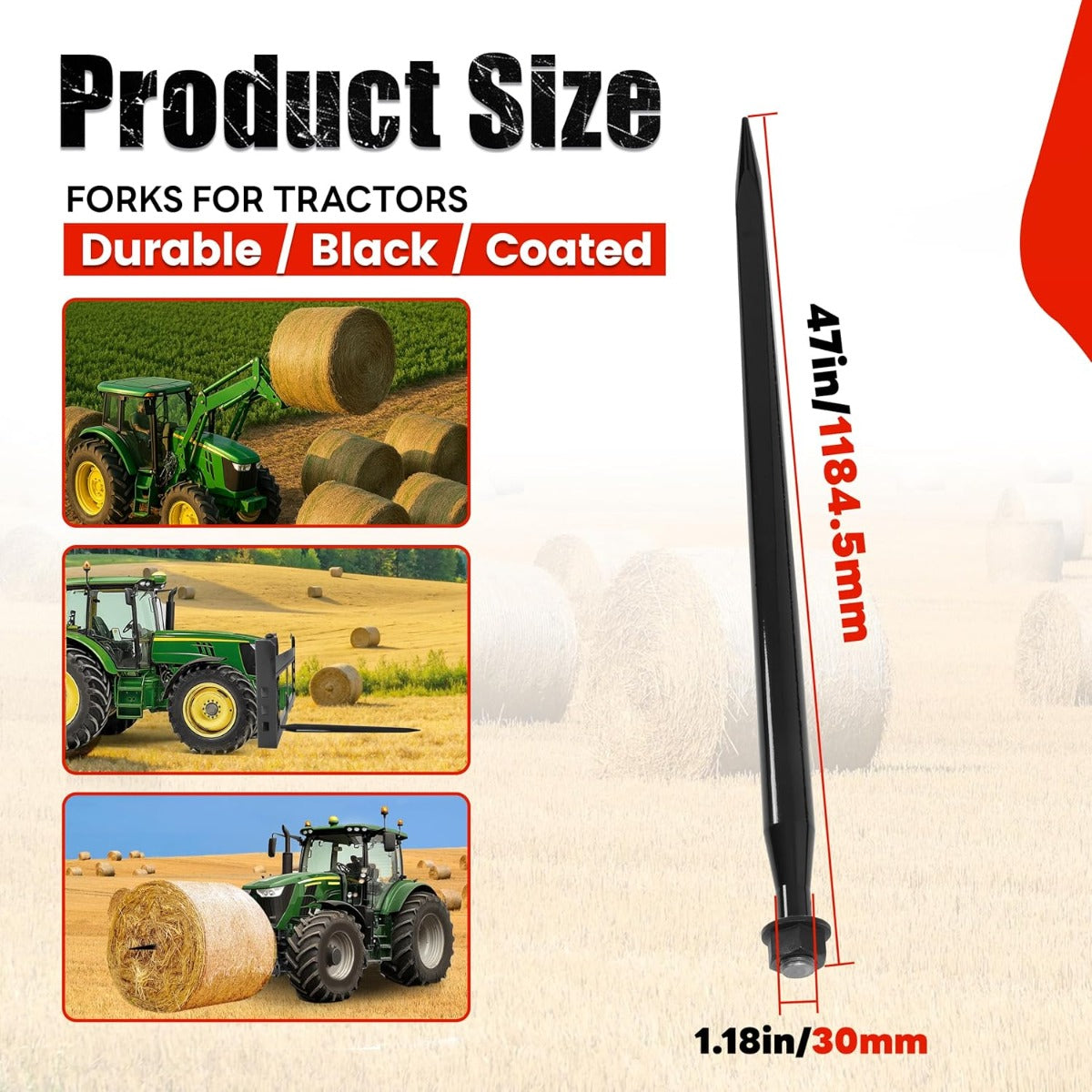 47 Inches 1200 LBS Hay Bale Spear Compatible with Kubota Bobcat Buckets Tractors Loaders Square Bale Hay Spike Forks Steel Powder Coated-Black 1PCS