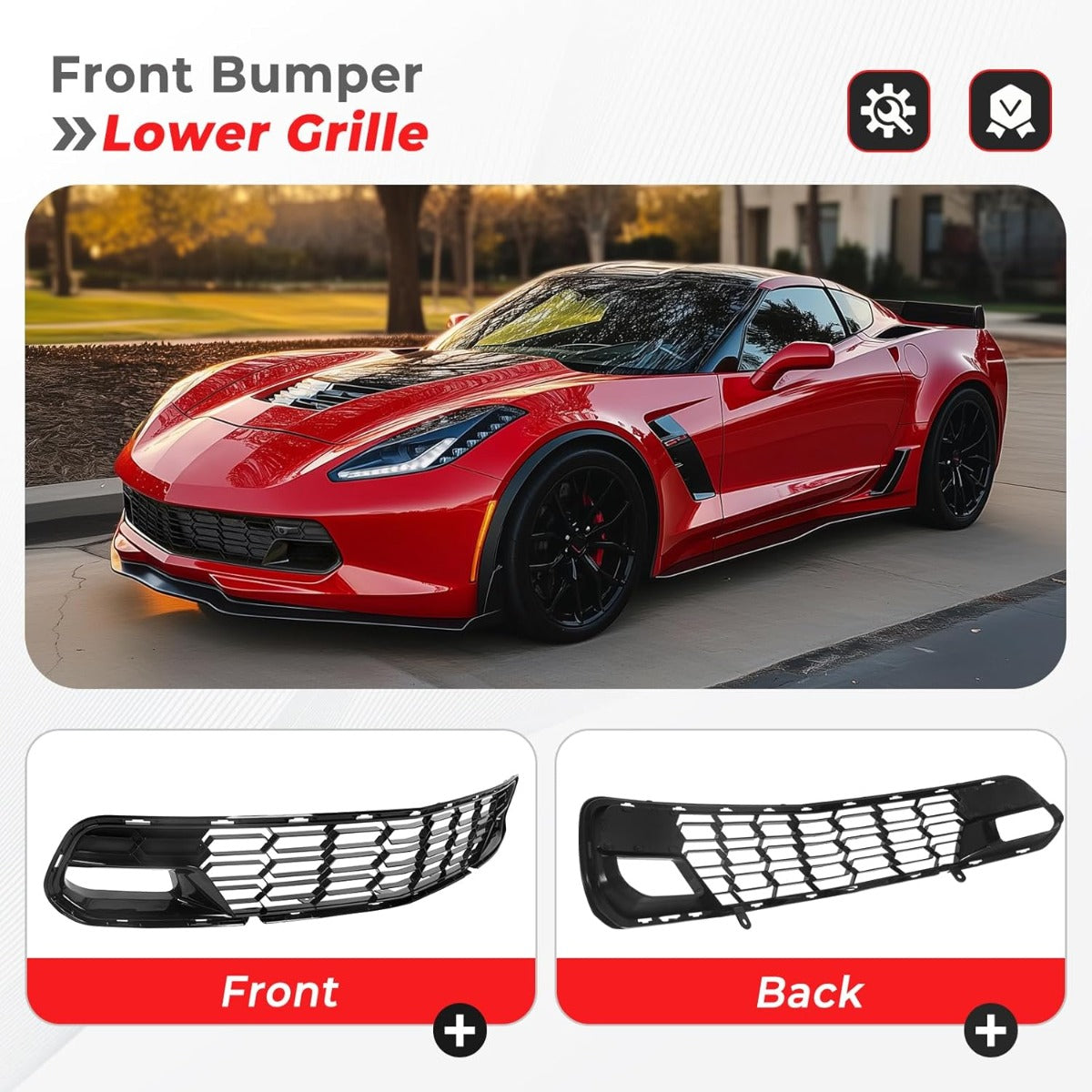 Front Bumper Lower Grille Compatible with 2014-2019 Chevrolet Corvette C7 All Models Z06 Style w/o Front Camera Bracket Painted Glossy Black