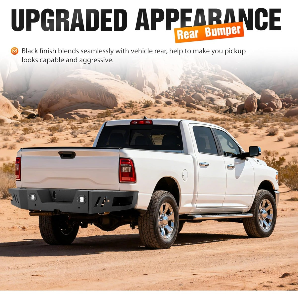 ALMULOO Rear Bumper Set of 3 pieces. Compatible with 2010-2024 Dodge Ram 2500 and 3500 models equipped with 2 x 18W LED lights
