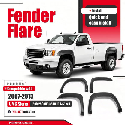 4Pcs Fender Flares Compatible with 2007-2013 GMC Sierra 1500 2500HD 3500HD 6'6" bed Front & Rear Wheel Cover Protector Plastic(PP) Textured Black
