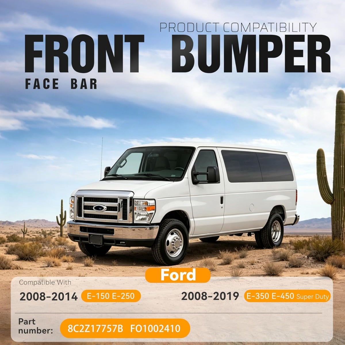 ALMULOO Steel Front Bumper Face Bar Compatible with 2008-2014 Ford E-150/E-250 and 2008-2019 Ford E-350 Super Duty/E-450 Super Duty Replace 8C2Z17757B FO1002410 Chrome Silvery split design in 3pcs