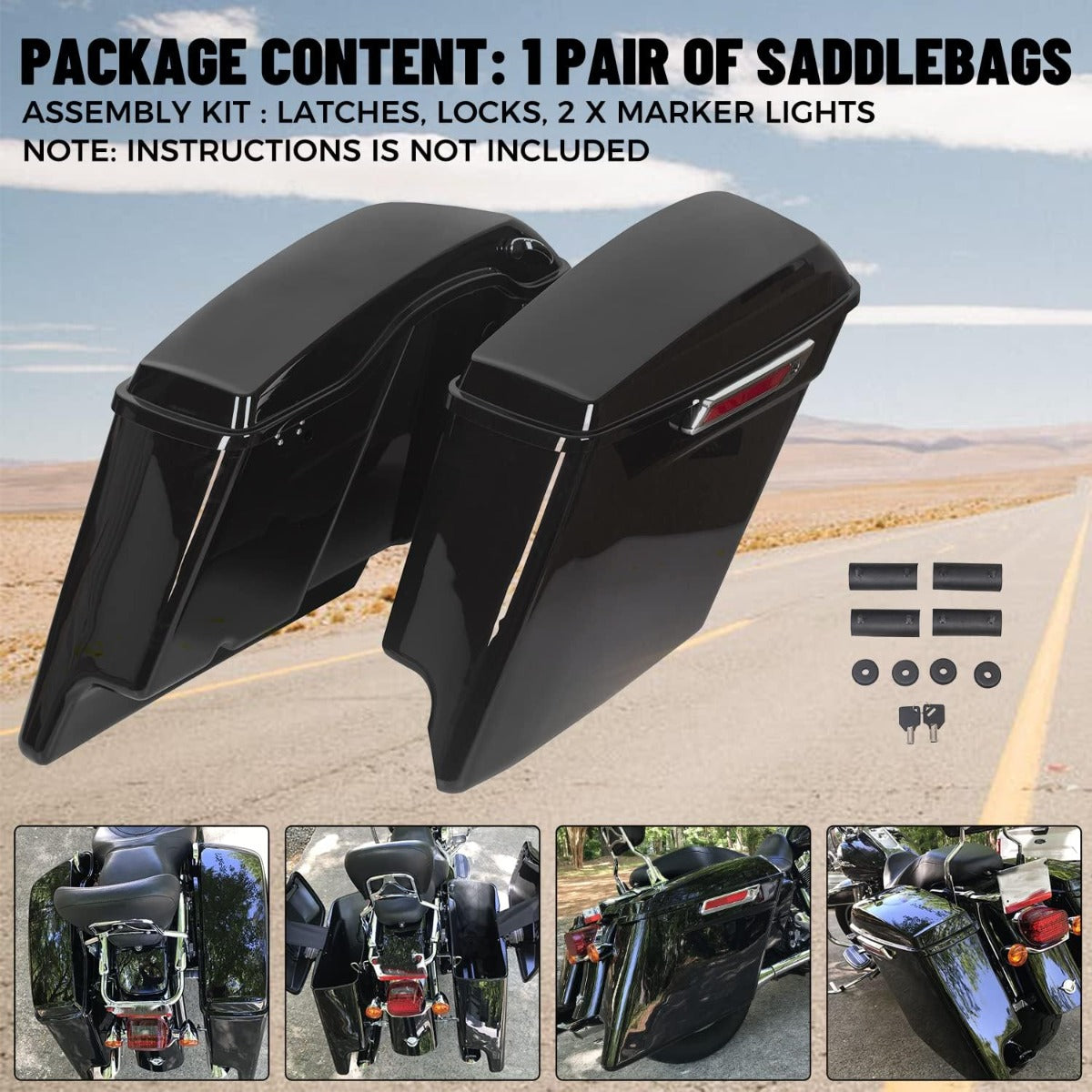 5'' Stretched Extended Saddlebags  for  1993-2013 Harley Davidson Touring Road King Road Glide Street Glide Electra Glide Ultra Classic Hard Saddle Bags W/Lid & Latch Key