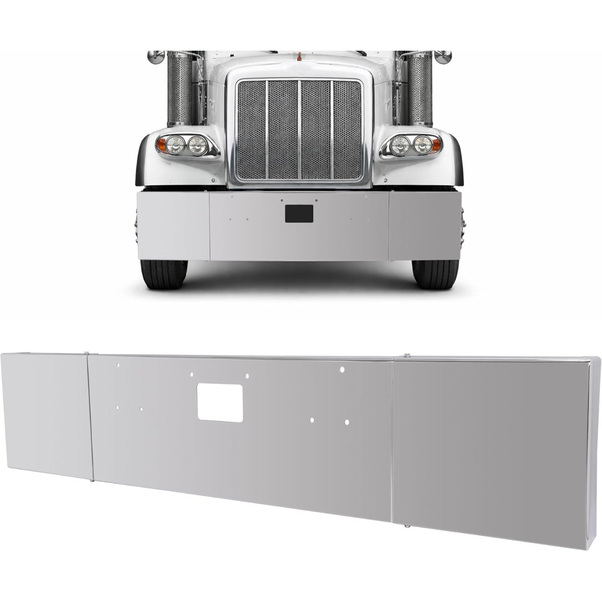 ALMULOO 20 Inch Front Bumper Assembly Compatible with 1987-2007 Peterbilt 357 378 379 Square Bumper w/Boxed End, Mounting Holes & Tow Holes, Without Fog Light Holes, 3PCS Chrome Steel Silver