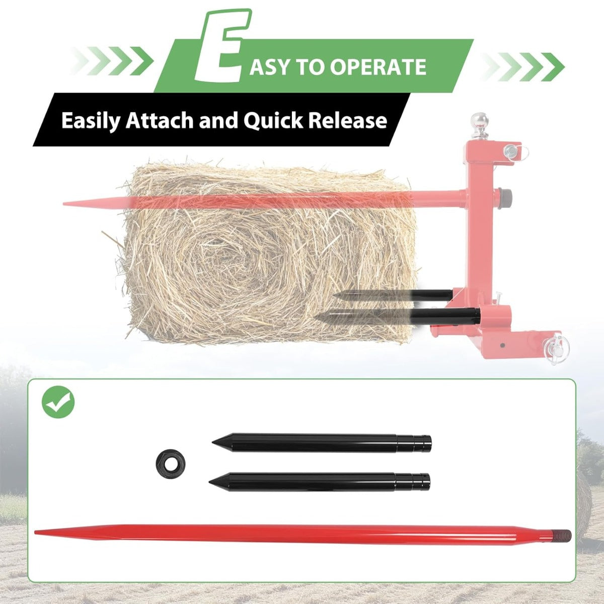 49 Inches Hay Bale Spear 3000 lbs W/Stabilizers Pair Fit for Skid Steer Tractors Loaders Hay Bale Forks Tractor Attachment Quick Attach Spears 3PCS Red Steel