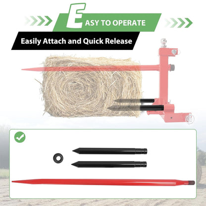 49 Inches Hay Bale Spear 3000 lbs W/Stabilizers Pair Fit for Skid Steer Tractors Loaders Hay Bale Forks Tractor Attachment Quick Attach Spears 3PCS Red Steel