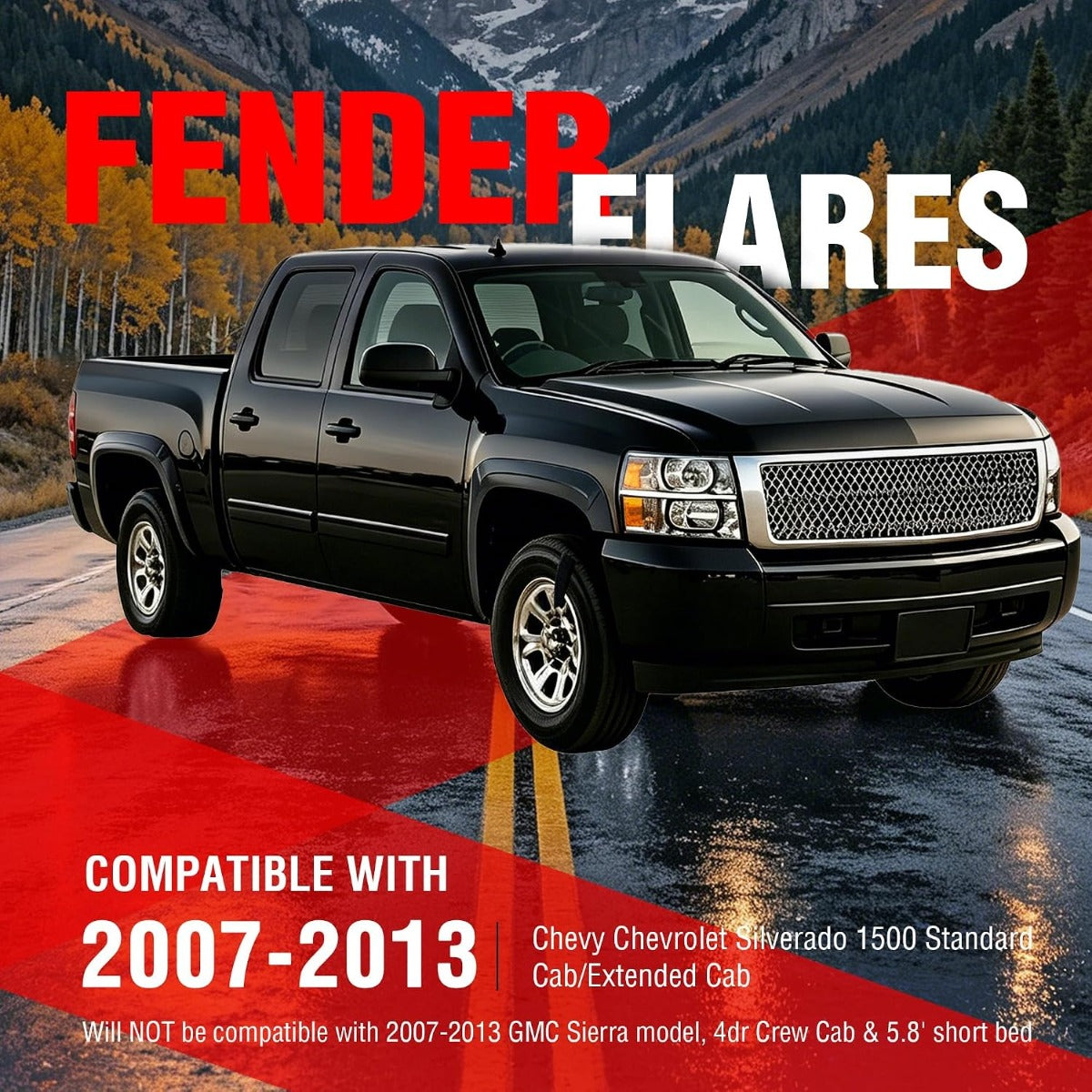 4Pcs Fender Flares Set Compatible with 2007-2013 Chevy Chevrolet Silverado 1500 Standard/Extended Cab Front & Rear Wheel Arch Cover Protector Plastic(PP) Textured Black