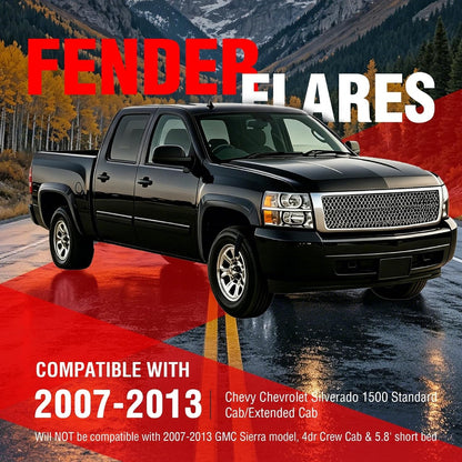 4Pcs Fender Flares Set Compatible with 2007-2013 Chevy Chevrolet Silverado 1500 Standard/Extended Cab Front & Rear Wheel Arch Cover Protector Plastic(PP) Textured Black